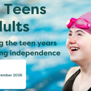 Young woman with Down syndrome swimming. From Teens to Adults: Barkly Square, Ballarat, 4 November 2026, 5–7 pm.