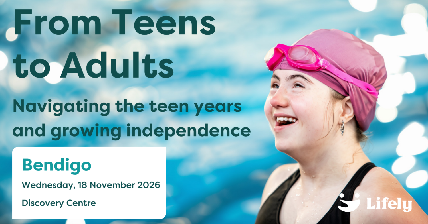 A young woman with Down syndrome swimming in a public pool, promoting Lifely’s free From Teens to Adults event for parents and carers in Bendigo.
