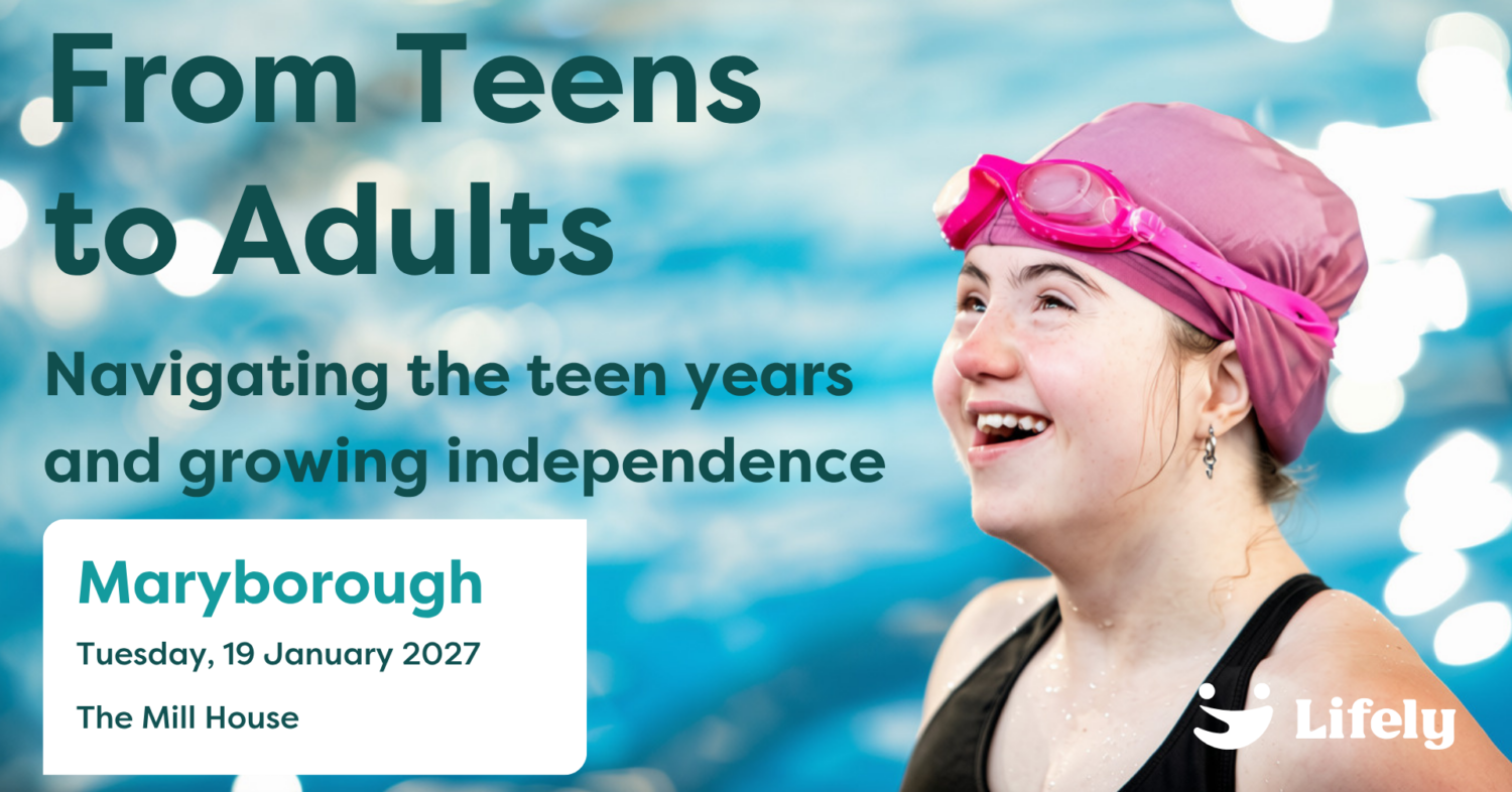 A young woman with Down syndrome swimming in a public pool, promoting Lifely’s free From Teens to Adults event for parents and carers in Maryborough.