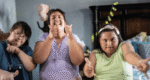 Three women with intellectual disabilities enjoy dancing together to keep fit and have fun.