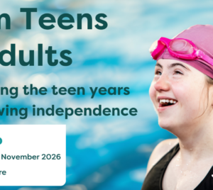 A young woman with Down syndrome swimming in a public pool, promoting Lifely’s free From Teens to Adults event for parents and carers in Bendigo.