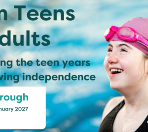 A young woman with Down syndrome swimming in a public pool, promoting Lifely’s free From Teens to Adults event for parents and carers in Maryborough.