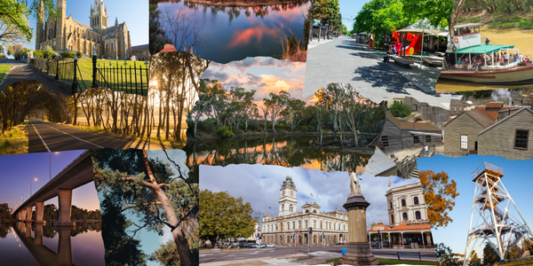 Collage of landmarks from Bendigo, Ballarat, Maryborough and Mildura, representing regional communities working towards an inclusive community for people with disability.