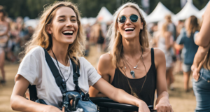 Companion Cards: young woman in wheelchair at music festival with an able bodied friend